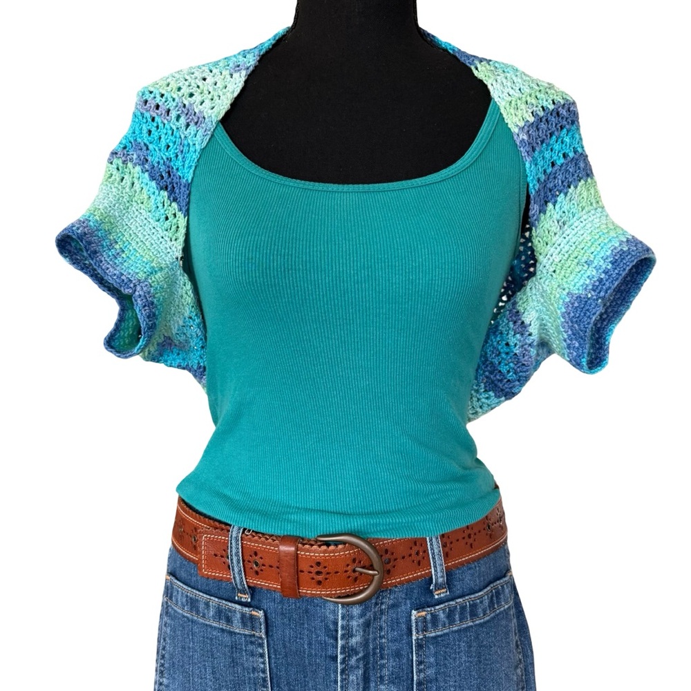 Handmade Blue and Green Crochet Bolero Jacket - Size Small -Boho Beach